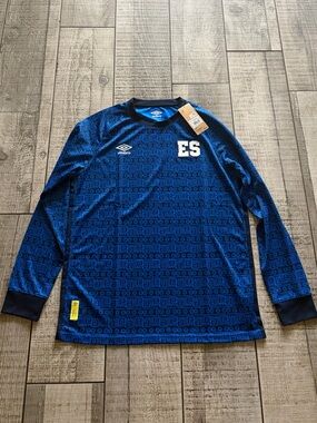 Umbro El Salvador Soccer Jersey Blue Black Long Sleeve Large Officially Licensed